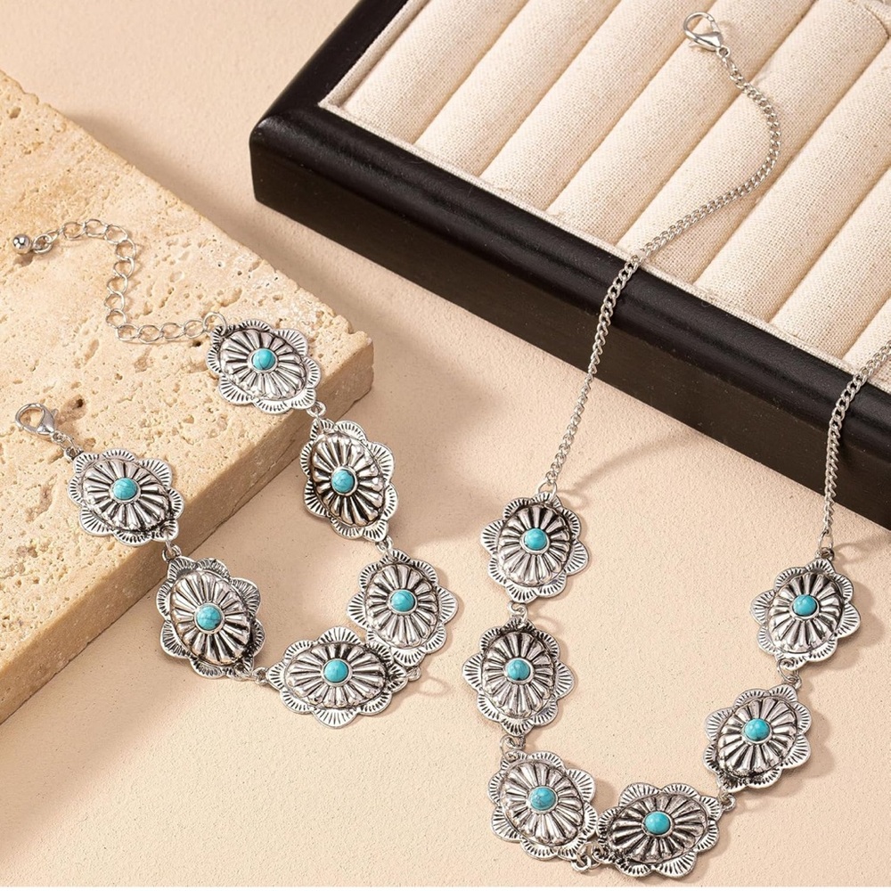 Boho Silver-Tone Turquoise Flower Necklace & Bracelet Set - Picture 2 of 7